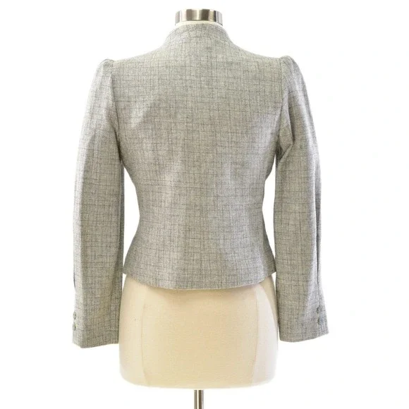 70s Vintage Gray Peplum Blazer Womens S Mod Windowpane Plaid Puff Sleeve Jacket - Picture 5 of 6